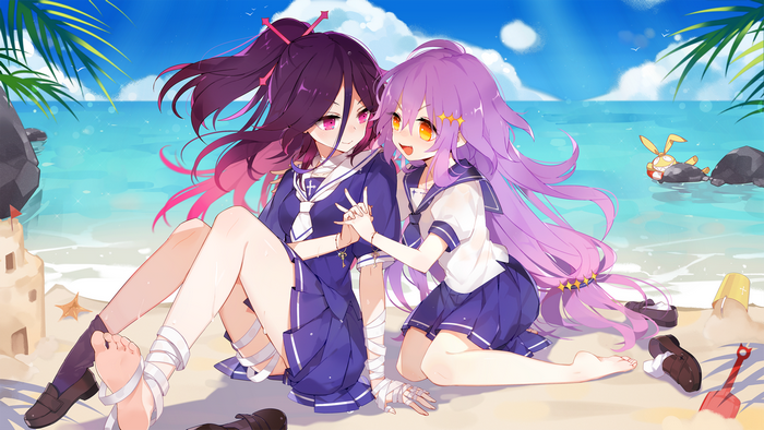 artwork, school uniform, purple hair, 2D, beach, anime girls, Houkai Gakuen, game characters, mihoyo