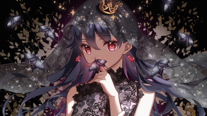 Elegant Anime Girl with Crown and Butterflies