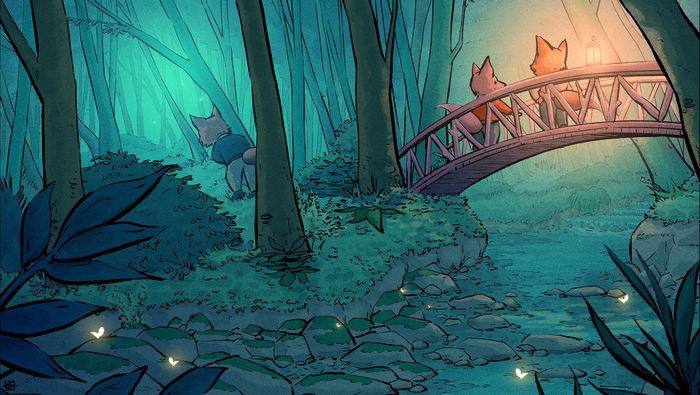 forest, fox, insect, plants, water, bridge, rocks, outdoors, Anthro, Abel Gray, trees