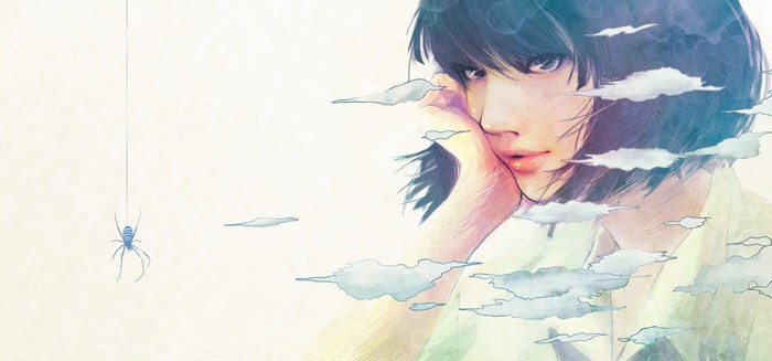 4K, digital art, women, looking away, wataboku, blue eyes, clouds, dark hair, short hair, spider, shirt, white background