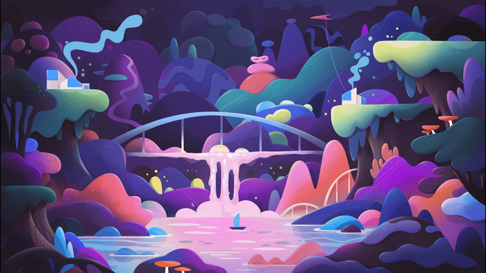 4K, abstract, house, sailboats, colorful, artwork, fantasy art, water, bridge, plants, digital art