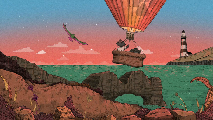 lighthouse, rocks, clouds, water, plants, raccoons, Jim Spendlove, birds, Anthro, sunset, hot air balloons