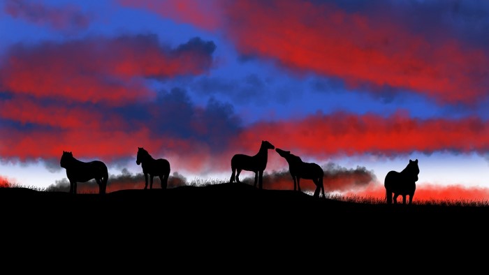 sky, digital painting, nature, horse, animals