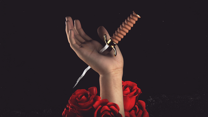 rendering, dagger, CGI, knife, roses, render, hands, digital art