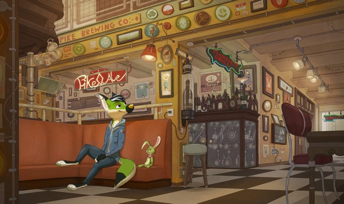 4K, fox, lamp, rabbits, bandanas, bottles, denim jacket, chair, fairy lights, Anthro, stools