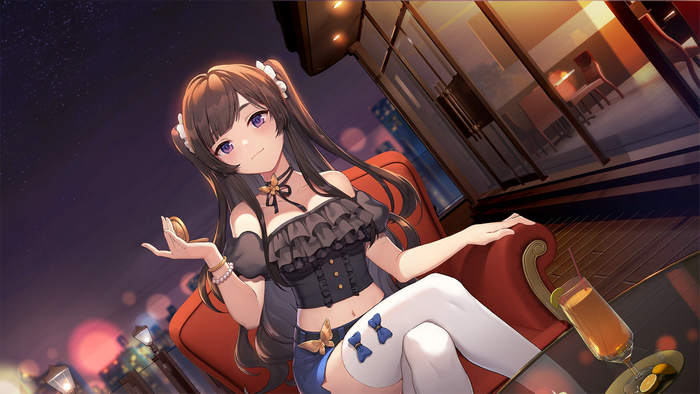 anime, sitting, smile, anime girls, girl cafe gun