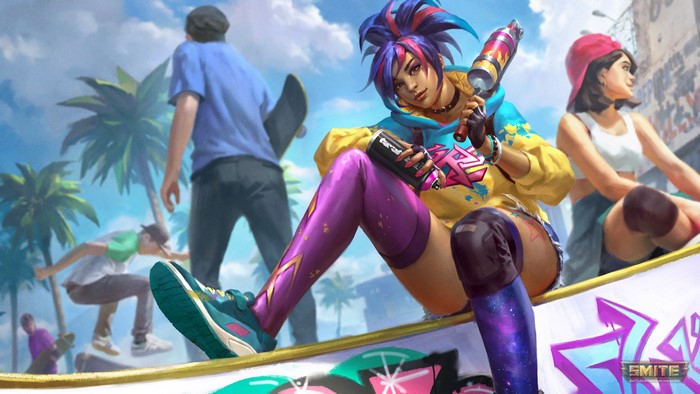 4K, choker, graffiti, skirt, watermarked, Caravan Studio, mythology, spray can, Smite, skateboard, Pele (Smite)