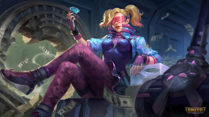4K, visors, Aphrodite, Caravan Studio, money, watermarked, fingerless gloves, Aphrodite (Smite), mythology, Heist, hammer, diamonds, Smite