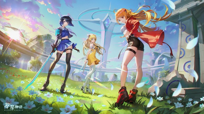 Astral Angels, blue hair, Bluezima, weapon, drawing, boots, sunlight, video game art, blonde, grass, low-angle, sword, redhead, petals, anime girls