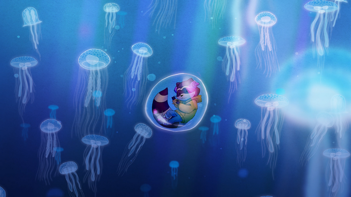 4K, headphones, Tevy Dubray, raccoons, Jeoffrey Magellan, jeans, Anthro, bubble, sweater, jellyfish, underwater, floating