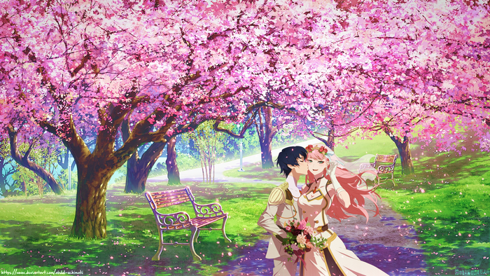 Zero Two and Hiro Under Cherry Blossoms
