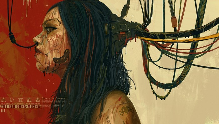 cyberpunk, cyborg, Space Invaders, wires, digital, painting, Sina Pakzad Kasra, illustration, digital art, technology