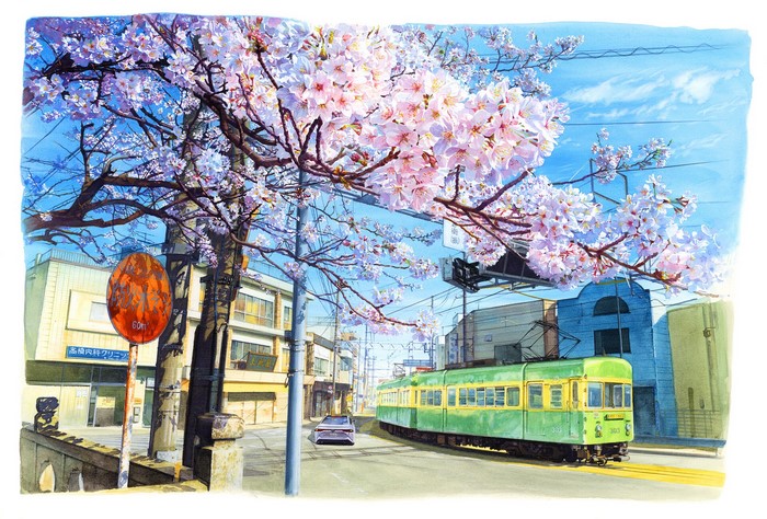 trees, train, cityscape, artwork, digital art, cherry blossom, nature