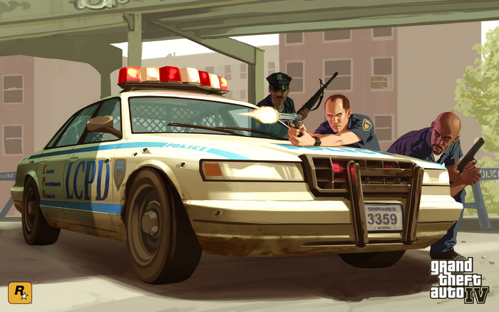 Rockstar Games, Grand Theft Auto IV, police cars, video game art, Liberty City, artwork, M4, Grand Theft Auto, video games, police, pistol