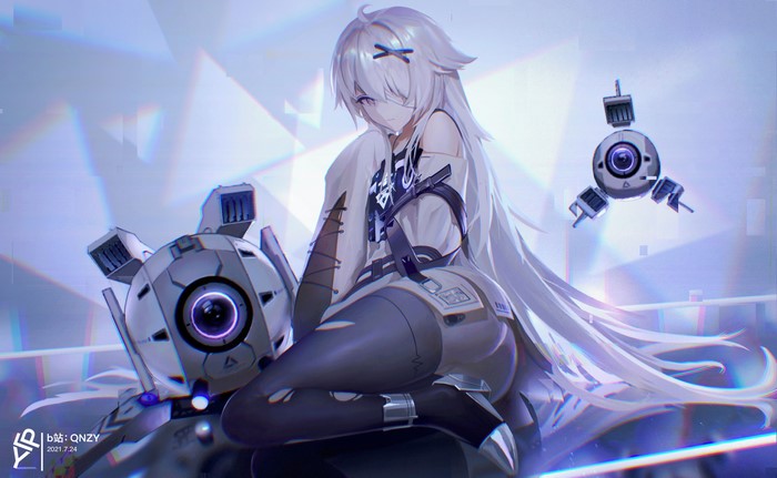 4K, digital art, mecha girls, artwork, silver hair, illustration, anime girls, Punishing: Gray Raven, QNZY, long hair