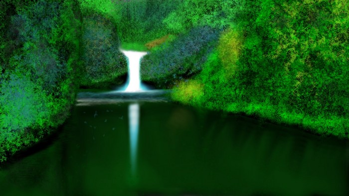 digital painting, river, nature, waterfall, trees