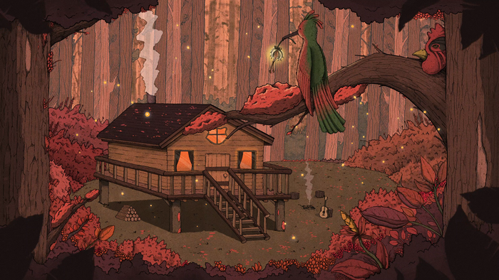 4K, birds, guitar, forest, cabin, chimneys, Jim Spendlove, log