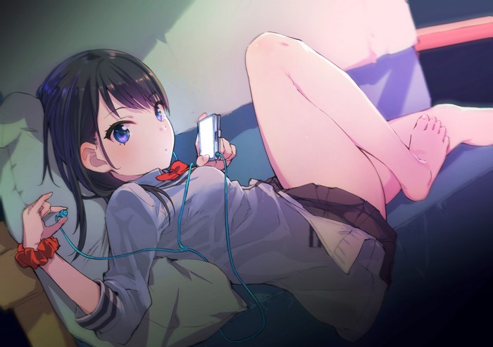legs, Pixiv, anime, SSSS.GRIDMAN, black hair, blue eyes, anime girls, Takarada Rikka, school uniform, artwork, barefoot, lying down, earphones