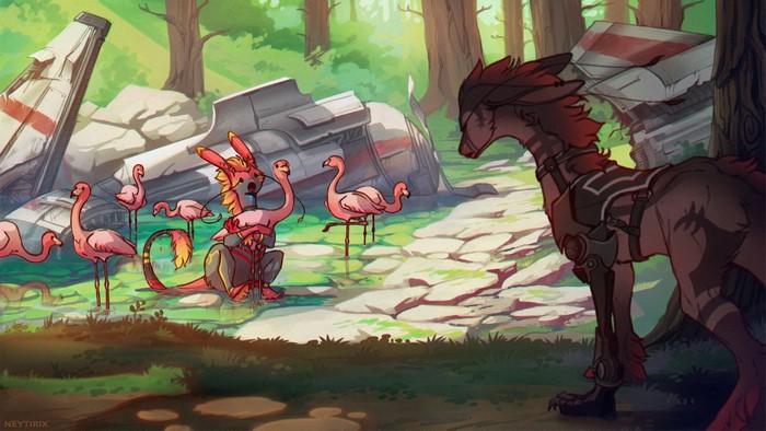 Dasek and Flamingos in Forest Scene by Neytirix