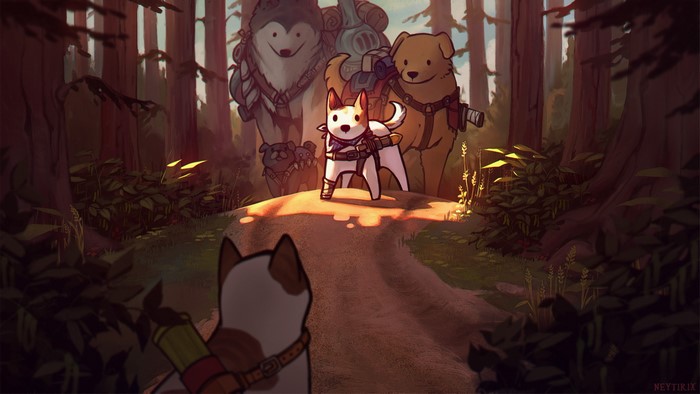 digital art, dog, sword, watermarked, Neytirix, forest