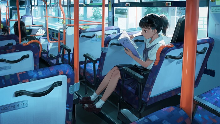 original characters, long hair, Kotatiyu, buses, black hair, ponytail, sailor uniform, artwork, skirt, 2D, reading, anime girls, brown eyes, anime, white socks