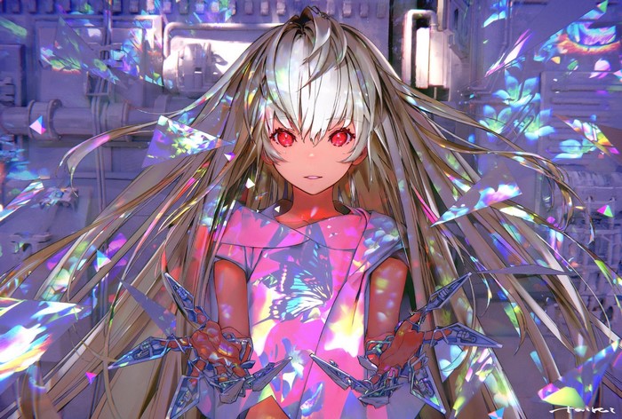 dress, gloves, machine, pipes, anime, crystal, butterfly, blonde, anime girls, flowers, long hair, looking at viewer, glass, red eyes