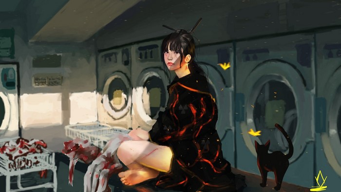 mammals, washing machine, cats, red lipstick, animals, women indoors, Asian, laundry, women, DeviantArt, artwork, dark hair, looking at viewer