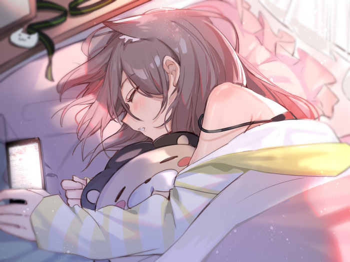 Virtual Youtuber, Natsuiro Matsuri, animal ears, Sorano YU, artwork, cat ears, sleeping, anime girls, brunette, Hololive, fan art