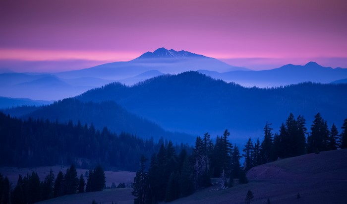 John S, mountains, trees, sunset, colorful, purple sky, sky, landscape, horizon, mist, nature