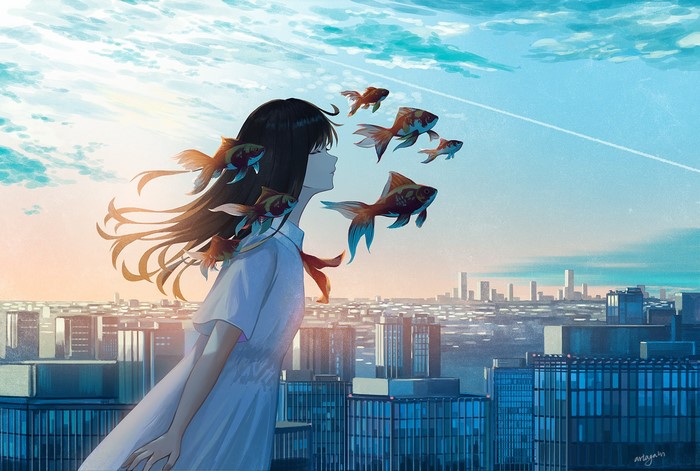 brunette, closed eyes, dress, anime girls, long hair, anime, clouds, city, fish, sky