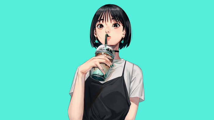 earrings, looking at viewer, cyan background, anime girls, anime, green nails
