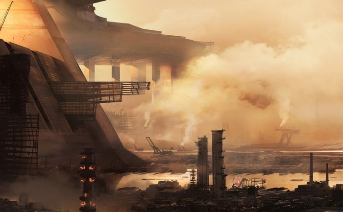 cityscape, futuristic, futuristic city, artwork, ArtStation, Antoine Baudino, smoke