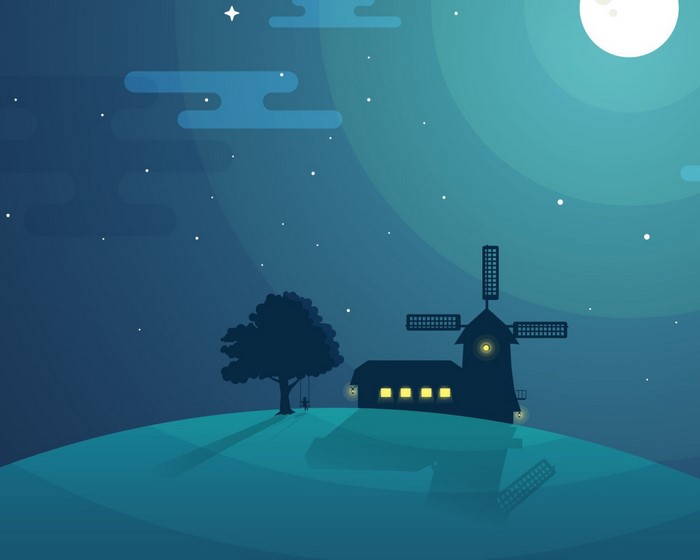 Chill Out, night, Kid (Character), digital, tree bark, farm, sky, house, minimalism, mountain top