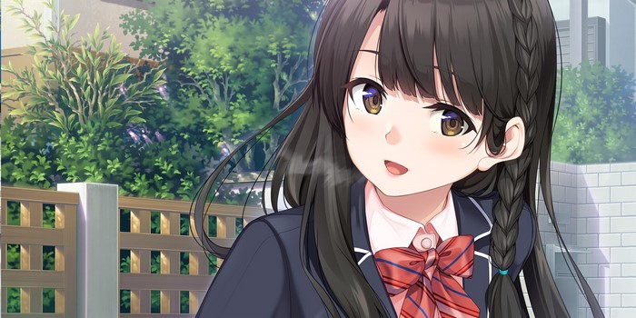 Unasaka, smiling, anime girls, bangs, dark hair, school uniform, anime, brown eyes