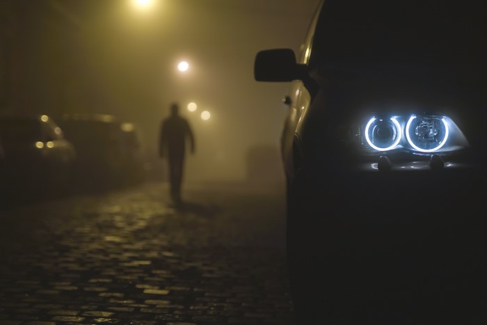 street, dark, BMW, men, yellow, haze, mist, night, walking, city, blue, LED headlight, car