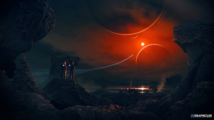 astronaut, planet, Taenaron, digital art, space, futuristic, rock, glowing, 3D, Sun, GTGraphics, spaceship