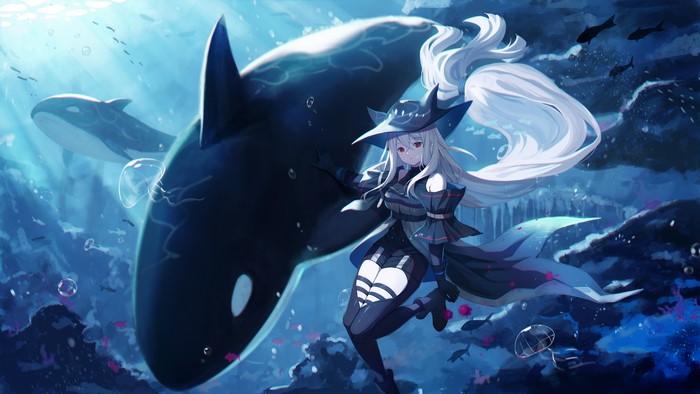 4K, orca, Arknights, anime, underwater, anime girls, Baseness, long hair, Skadi(Arknights)
