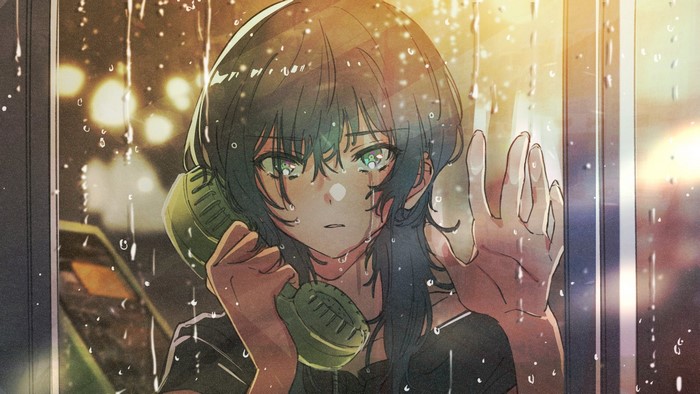 city lights, green eyes, rain, crying, artwork, water drops, phone box, anime, looking at viewer, anime girls, Hmng, black hair