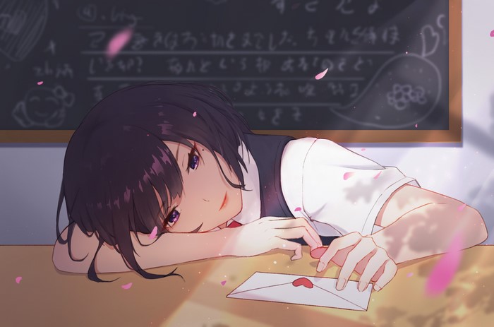 table, anime, short hair, sunlight, purple eyes, light effects, anime girls, classroom, dark hair, petals, letter