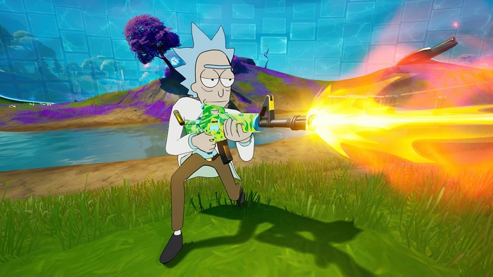Rick Sanchez firing weapon in Fortnite