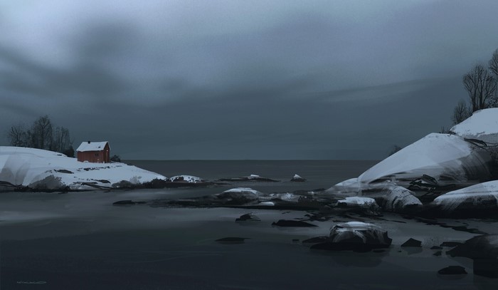 cabin, nature, winter, snow, artwork