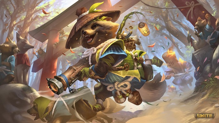 4K, Narendra B Adi, forest, watermarked, lantern, tanuki, Anthro, Smite, Caravan Studio, hat, Danzaburou (Smite), rocket launchers, weapon
