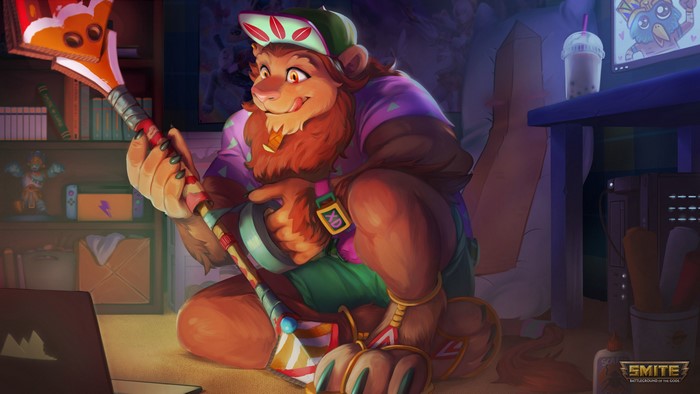 4K, Ena Lorenzo, Anthro, Anhur (Smite), Smite, Alacrity Arthouse, Nintendo Switch, bookshelf, lion, watermarked, baseball cap