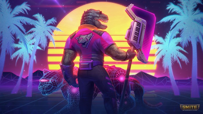 4K, Chaac (Smite), palm trees, Tyrannosaurus rex, Anthro, synthwave, keytar, musical instrument, sunglasses, watermarked, Smite, dinosaurs, gloves