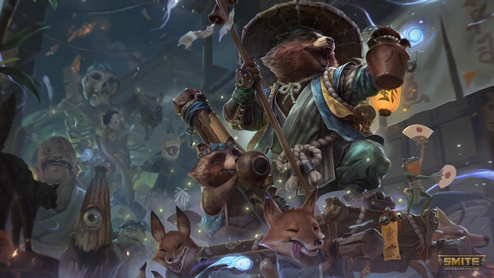 4K, hat, Anthro, Smite, Danzaburou (Smite), fox, hand fan, Caravan Studio, Rio Sabda, bazookas, tanuki, watermarked, frog, depth of field, raccoons, weapon, lantern