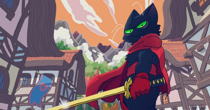 Mao Mao, katana, cape, feline, Vetiver N, weapon, Sheriff Mao Mao, clouds, looking at viewer, gloves, sword, Anthro, japanese sword