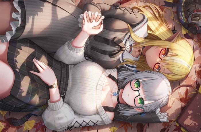 Shirogane Noel, silver hair, blonde, anime, Suraimu, blush, sweater, holding hands, anime girls, pointed ears, pointy ears, Virtual Youtuber, two women, Shiranui Flare, green eyes, Hololive, glasses, orange eyes
