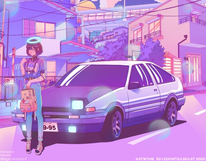 Toyota AE86 in Vibrant Neon Urban Setting