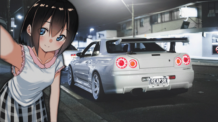 White Nissan GTR R34 with Anime Girl Selfie