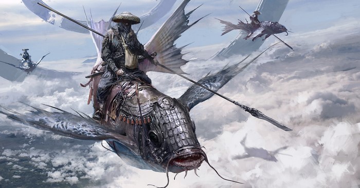 fantasy armor, su jian, spear, clouds, flying, fantasy art, fish
